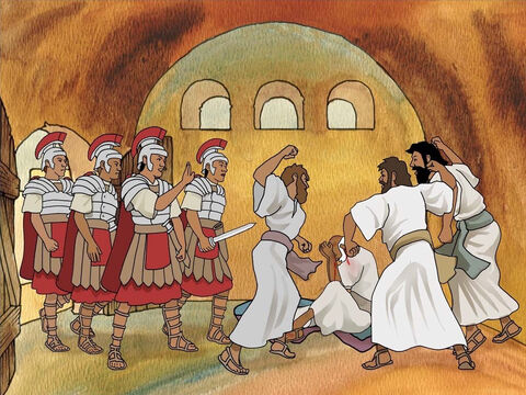 The mob dragged Paul out of the temple grounds and proceeded to try to kill him. This was reported to the Roman cohort. Many in Jerusalem were upset. The soldiers quickly ran to rescue Paul and take him away. Acts 21:30-32 – Slide 5