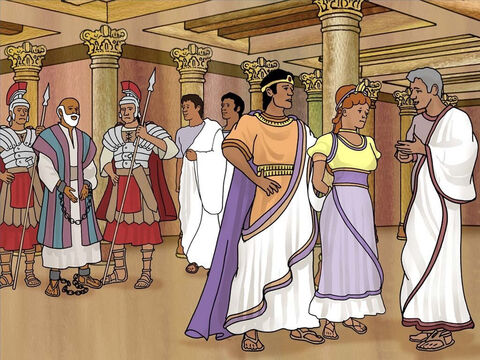 After Paul’s defence the king, Bernice and the governor went aside. They agreed that Paul was doing nothing worthy of death, but Paul appealed to Caesar so according to the law he must go to Rome. Acts 26:30-32 – Slide 13