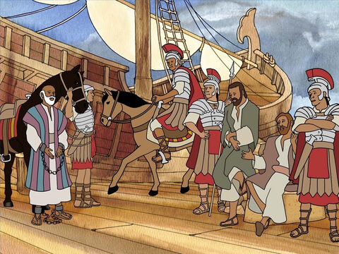 Just as Jesus said, Paul was going to Rome to witness for Jesus just as strongly and boldly as he did in Jerusalem and Caesarea. And during the trip Paul was going to boldly witness to the men on the ship. – Slide 14