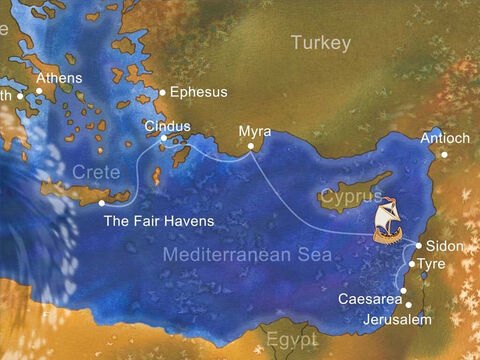 They started in Caesarea and traveled across the Mediterranean Sea toward Rome. Winter, with its storms, was approaching. The ship struggled through winds and poor sailing conditions to slowly get to Fair Havens. – Slide 2