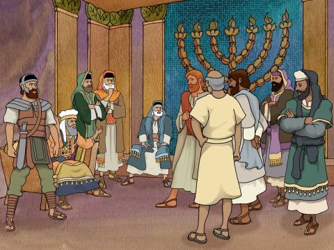 ‘On the next day, their rulers and elders and scribes were gathered together in Jerusalem; and Annas the high priest ...and all who were of high-priestly descent. When they had placed them in the centre, they began to inquire, “By what power, or in what name, have you done this?”’ Acts 4:5-7 (NASB) – Slide 12