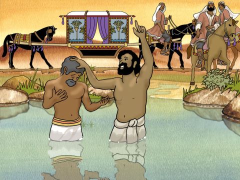 ‘As they went along the road they came to some water; and the eunuch said, “Look! Water! What prevents me from being baptised?”...  <br/>‘And he ordered that the chariot stop; and they both went down into the water, Philip as well as the eunuch, and he baptised him’ Acts 8:36 & 38 (NASB) <br/>Note: Later translations add add as v 37: And Philip said, ‘If you believe with all your heart, you may.’  <br/>‘And he answered and said, “I believe that Jesus Christ is the Son of God.”’ – Slide 15