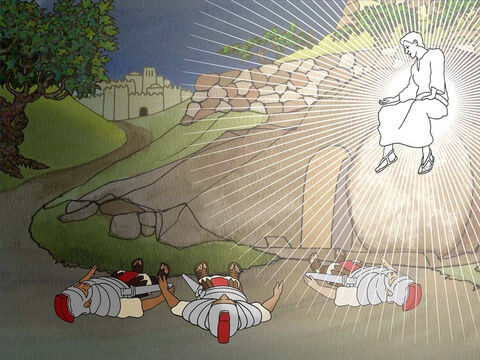 ‘... A severe earthquake had occurred, for an angel of the Lord descended from heaven and came and rolled away the stone and sat upon it. The angel’s appearance was like lightning, and his clothing as white as snow. The guards shook for fear of him and became like dead men.’ (Matthew 28:2-4) – Slide 3