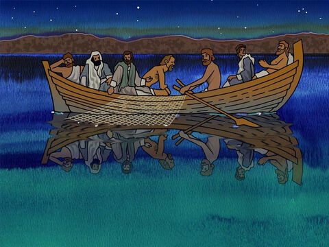 It was time for the disciples to go to Galilee and see Jesus as He directed. Jesus had not yet showed up and one night Peter decided to go out on the Sea of Galilee fishing. Some of the disciples joined him. (John 21:1-3) – Slide 9