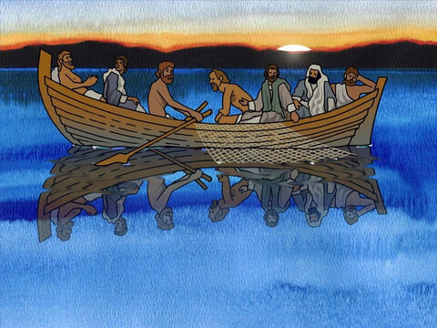 Some of the disciples, including Peter, were experienced fishermen. They went fishing all night and did not catch a single fish. As the morning dawned they disappointedly rowed back to shore. It probably seemed like a big waste of their time. (John 21:3b) – Slide 10