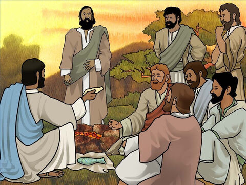 When they all came to land, Jesus told them ‘Come and have breakfast.’ Jesus had already prepared a charcoal fire with fish laid on it and bread. Jesus also encouraged them to add their catch of fish to the meal. (John 21:9-14) – Slide 14