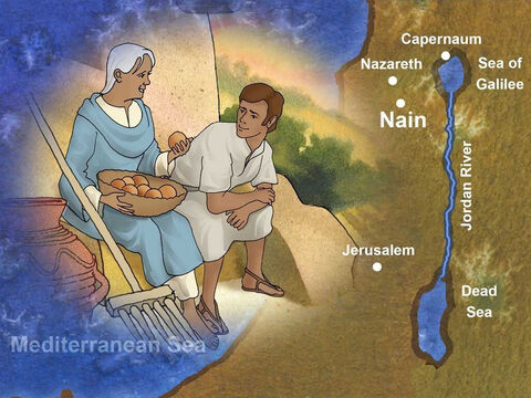 Jesus and His disciples traveled south to a village called Nain. In Hebrew, Nain means ‘green pastures’, ‘lovely’. Nain was 25 (40km) miles southwest of Capernaum. A young man and his widowed mother lived there. – Slide 1
