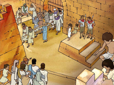 As Jesus approaches the city gate, the widow mourning for her dead son was leaving the city. Her son was being carried out of the city for burial. Along with the funeral procession a large crowd was paying their respects. – Slide 5