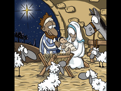 Near the animals’ manger, the baby was born. They wrapped him in cloth, and he slept until morn. – Slide 3