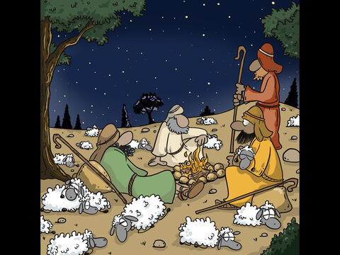 Shepherds were staying in the fields out of town. Then an angel appeared and God’s glory shone down. – Slide 4